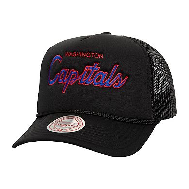 Men's Mitchell & Ness Black Washington Capitals Script Side Patch Trucker Adjustable Hat