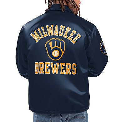 Men's Starter Navy Milwaukee Brewers Option Route Satin Full-Snap Jacket