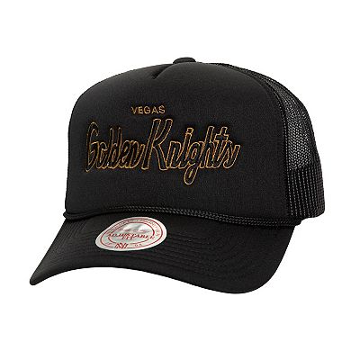 Men's Mitchell & Ness Black Vegas Golden Knights Script Side Patch Trucker Adjustable Hat