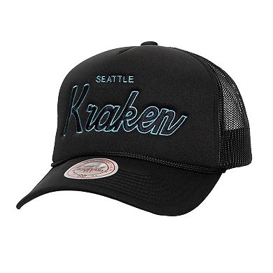 Men's Mitchell & Ness Black Seattle Kraken Script Side Patch Trucker Adjustable Hat