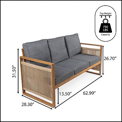 Gable 3-seat Mid-century Modern Roped Acacia Wood Outdoor Sofa With Cushions