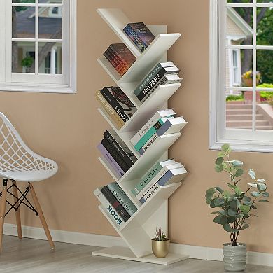 Wooden 9-shelf Tree Magazine Cd Storage Bookcase