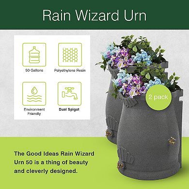 Good Ideas Rain Wizard 50 Gallon Plastic Rain Barrel Urn, Light Granite (2 Pack)