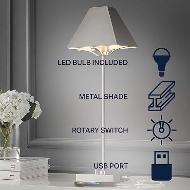 Ruthen 25" Industrial Style Iron Pyramid Bedside Led Table Lamp With Usb Charging Port, Nickel