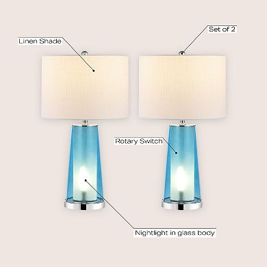 Tryon 26" Modern Minimalist Glass/iron Nightlight Led Table Lamp, Chrome/clear Blue (set Of 2)