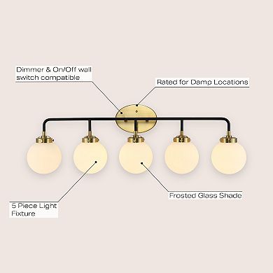 Caleb  38" 5-light Contemporary Transitional Iron/glass Led Vanity Light, Brass Gold/black/white