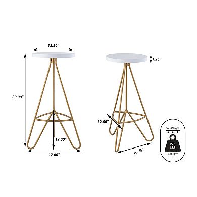 Trinity 30" Modern Industiral Iron Tripod Backless Bar Stool, White Seat With Gold Frame