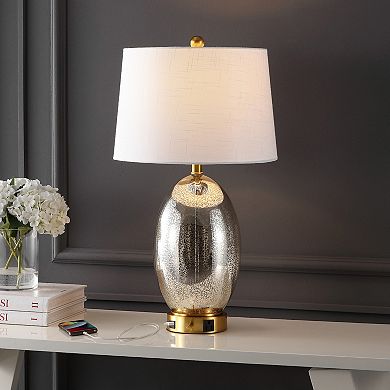 26.5" 1-outlet Style Iron/glass Led Table Lamp With Usb Charging Port, Silver/brass Gold