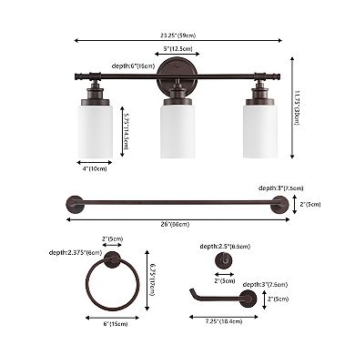 23.25" 3-vanity Light With Frosted Glass Shades And Bathroom Hardware Accessory Set(5-piece)