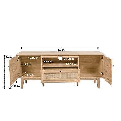 59 In. Caned Tv Stand With Drawer And Storage Doors Fits Tvs Up To 65 In. With Cable Management