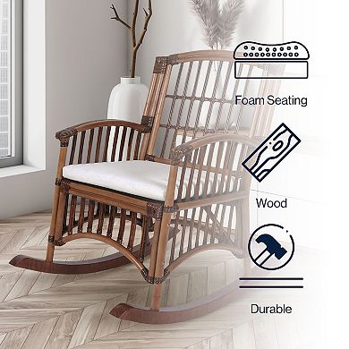 Swayze Bohemian Farmhouse Woven Rattan/wood Rocking Chair, White Cushion With Brown Frame