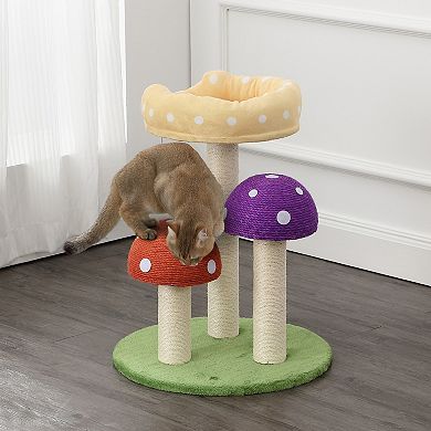 22.5" 3-tier Cottage Sisal Mushroom Cat Tree, Scratching Posts, Napping Perch, And Dangling Bell Toy