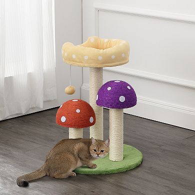 22.5" 3-tier Cottage Sisal Mushroom Cat Tree, Scratching Posts, Napping Perch, And Dangling Bell Toy