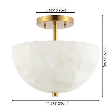 Celine 11.88" 2-light Alabaster/iron Inverted Dome Led Semi Flush Mount, White Marbling/brass Gold