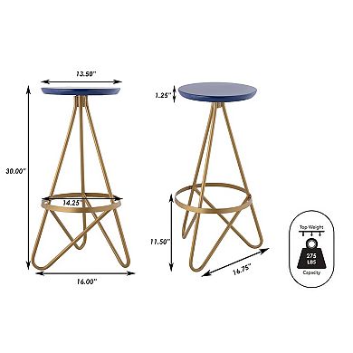 Spiroa 30" Modern Industrial Metal Backless Circular Bar Stool, Navy Seat With Gold Frame