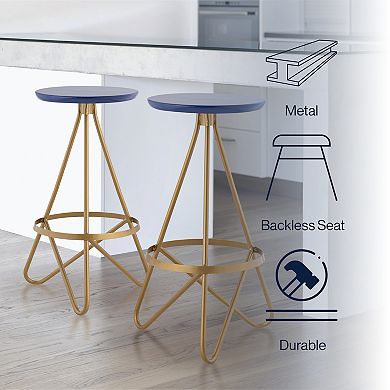 Spiroa 30" Modern Industrial Metal Backless Circular Bar Stool, Navy Seat With Gold Frame