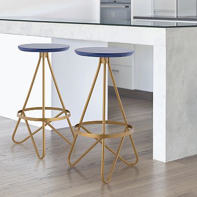 Spiroa 30" Modern Industrial Metal Backless Circular Bar Stool, Navy Seat With Gold Frame