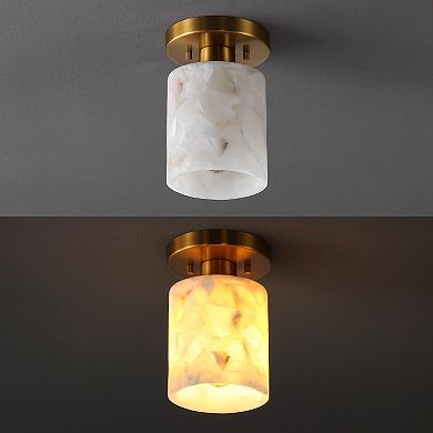 Jules 5.13" 1-light Alabaster/iron Cylinder Led Semi Flush Mount, White Marbling/brass Gold