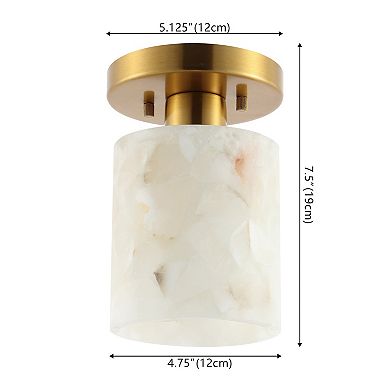 Jules 5.13" 1-light Alabaster/iron Cylinder Led Semi Flush Mount, White Marbling/brass Gold