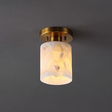 Jules 5.13" 1-light Alabaster/iron Cylinder Led Semi Flush Mount, White Marbling/brass Gold