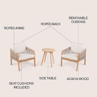 Aveiro 3-piece Modern Bohemian Roped Acacia Wood Conversation Outdoor Patio Set