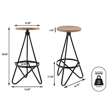 Spiroa 30" Modern Industrial Metal/wood Backless Circular Bar Stool, Natural Wood Seat, Black Frame