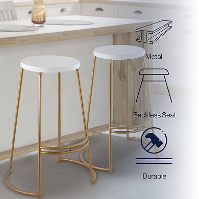 Hula 28.75" Modern Designer Iron Curved Backless Bar Stool, White Seat With Gold Frame