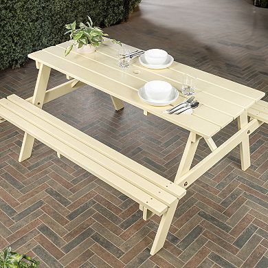 Shoreham 59" Modern Classic Outdoor Wood Picnic Table Benches With Umbrella Hole