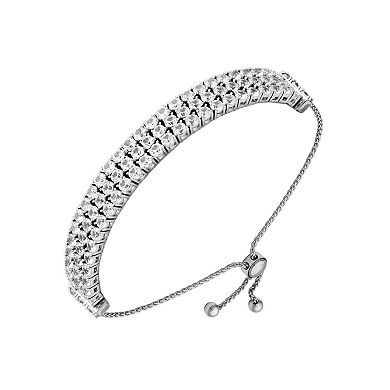 Rhodium-Plated Sterling Silver Lab-Created White Sapphire Wide Cuff Adjustable Bracelet