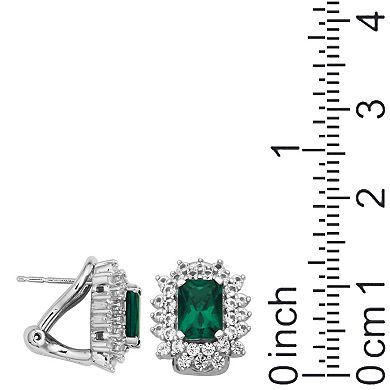 Rhodium-Plated Sterling Silver Lab-Created Emerald & Lab-Created White Sapphire Halo Stud Earrings