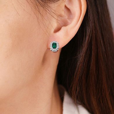 Rhodium-Plated Sterling Silver Lab-Created Emerald & Lab-Created White Sapphire Halo Stud Earrings