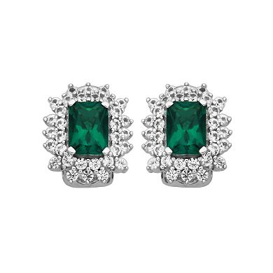 Rhodium-Plated Sterling Silver Lab-Created Emerald & Lab-Created White Sapphire Halo Stud Earrings