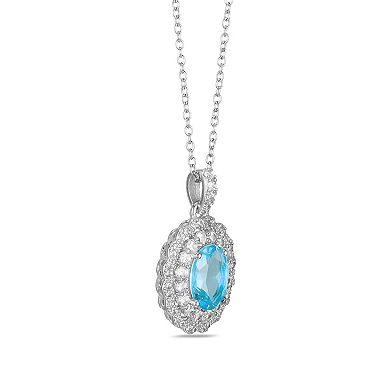Sterling Silver Genuine Blue Topaz & Lab-Created White Sapphire Double Halo Pendant Necklace