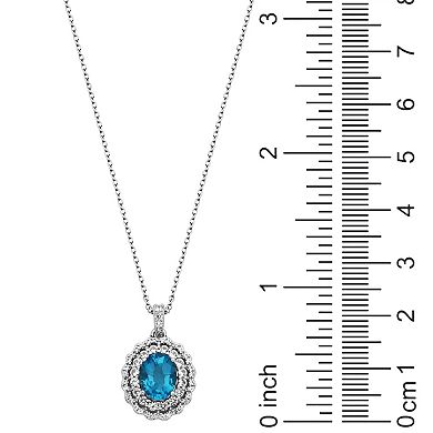 Sterling Silver Genuine Blue Topaz & Lab-Created White Sapphire Double Halo Pendant Necklace