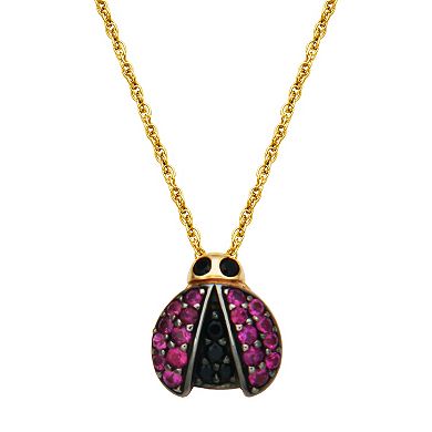10k Gold Genuine Ruby & Black Sapphire Ladybug Pendant Necklace