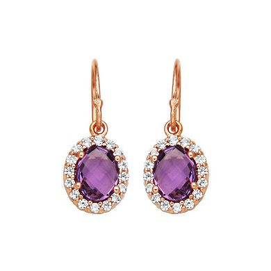 14k Rose Gold Over Silver Genuine Amethyst & Lab-Created White Sapphire Dangle Earrings