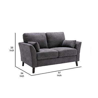 Otto 57 Inch Loveseat, 2 Throw Pillows, Padded Cushions, Dark Gray Velvet