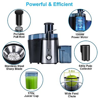 1000w Electric Juicer With 2 Speeds Wide Feed, Chute, Juicer Cup, And Pulp Collector