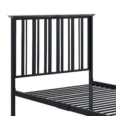 Nori Twin Bed With Slatted Metal Frame, Mdf, Antique Oak Brown And Black