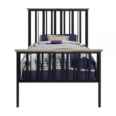 Nori Twin Bed With Slatted Metal Frame, Mdf, Antique Oak Brown And Black