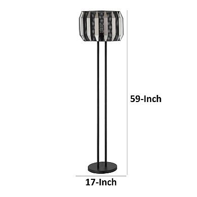 Pin 59 Inch Floor Lamp, Drum Shade, Metal Base, Accent Round Base, Black