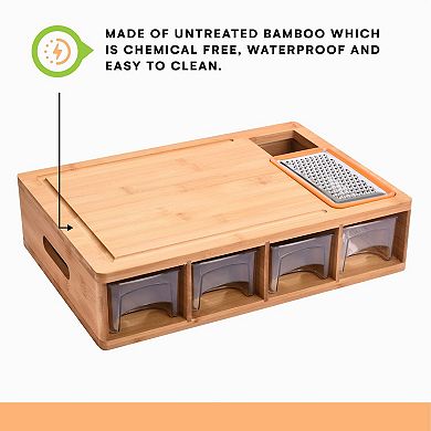 Bamboo Cutting Board With Food Container Organizer, Cheese Shredder, & Juice Groove For Meal Prep