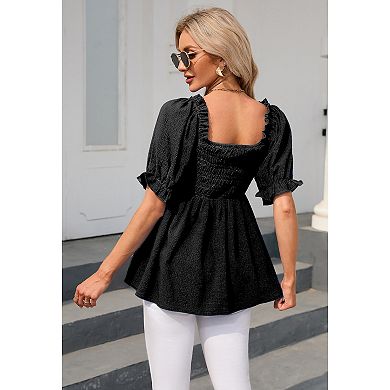 Women Spuare Neck Blouse Half Sleeve Shirts Babydoll Tops Business Casual Lantern Sleeve Tunic