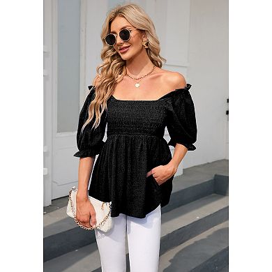 Women Spuare Neck Blouse Half Sleeve Shirts Babydoll Tops Business Casual Lantern Sleeve Tunic