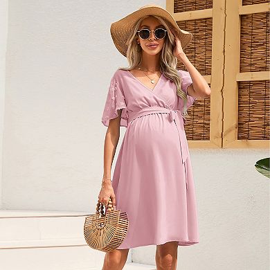 Women Maternity Swiss Dot Short Sleeve V Neck Summer Wrap Midi Dress Casual Nursing Dress