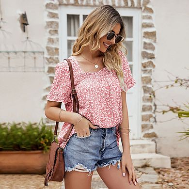 Women Casual Square Neck Ruffled Blouse Short Sleeve Floral Flowy Summer Tops Lightweight Tshirt