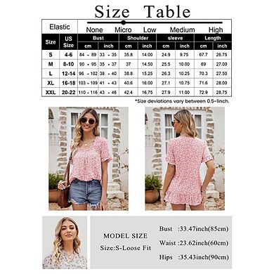 Women Casual Square Neck Ruffled Blouse Short Sleeve Floral Flowy Summer Tops Lightweight Tshirt