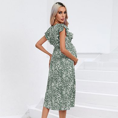 Women's Maternity Dress V Neck Ruffle Sleeve Wrap Summer Casual Floral Flowy Maxi Dress