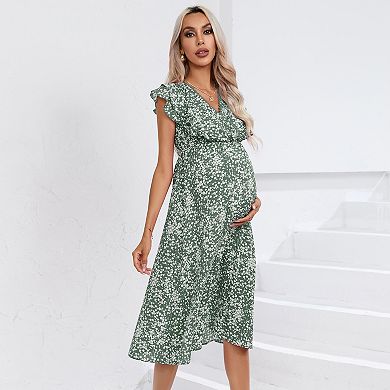 Women's Maternity Dress V Neck Ruffle Sleeve Wrap Summer Casual Floral Flowy Maxi Dress