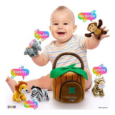 6-Piece Plush Talking Jungle Animals Set with Carrier - Elephant, Tiger, Lion, Zebra, Monkey